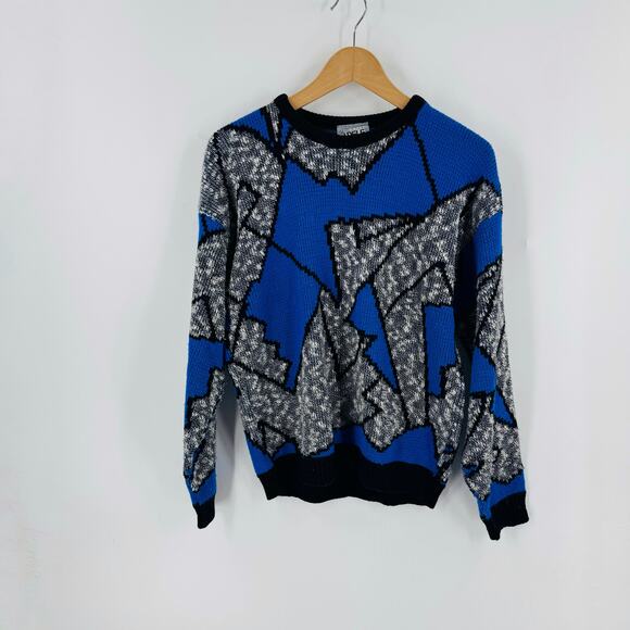 Vintage Adele Abstract Geometric Sweater Blue Black Gray 80s Acrylic Made in USA - Picture 5 of 5